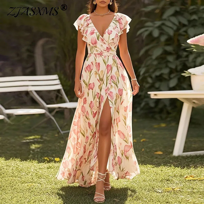 เซ็กซี่ V คอเอวสูงแยกหลวมชุดผู้หญิงฤดูร้อนแขนสั้นพิมพ์ Boho A-Line ชุดลําลอง Hollow Holiday Dresses