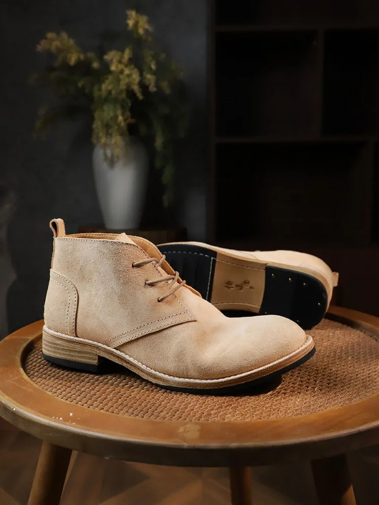 Fashion Versatile Male Lace-Up Color Block Cow Suede Round Toe Hard Wearing Handmade Ankle Boots Leisure Platform Work Shoes view 2