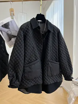 Jesienno-zimowy nowy diamentowy bawełniany płaszcz w kratę koszula dżinsowa patchworkowy imitacja dwuczęściowej czarne parki kurtka pikowana Top Ropa Mujer