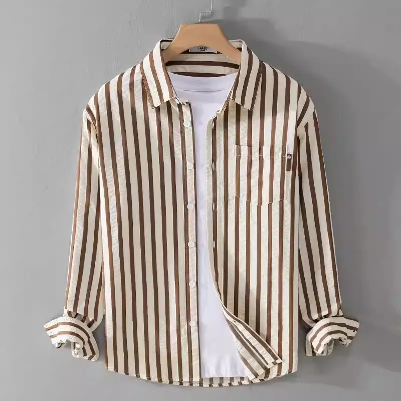 Premium Men's Long Sleeve Striped Shirt Anti-Wrinkle Business Casual Youth Polyester Fiber Spring Autumn High-End Fashionable