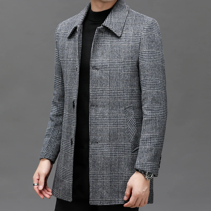 

Men Checkered Pattern Wool Coat Elegant Essential Overcoats Gray Plaid Attire Detachable Puff Down Vest Lining Design Outfit