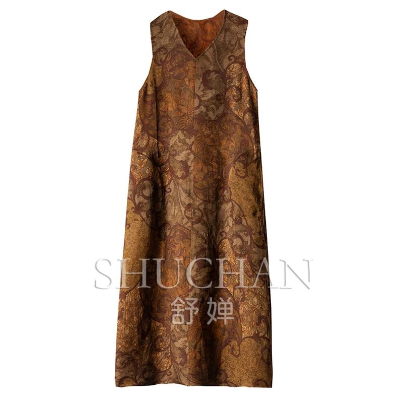 

Light Luxury Old Money, Heavy Silk Fragrant Cloud Yarn Flower Dill V-neck Vest Dress for Women 2Y95