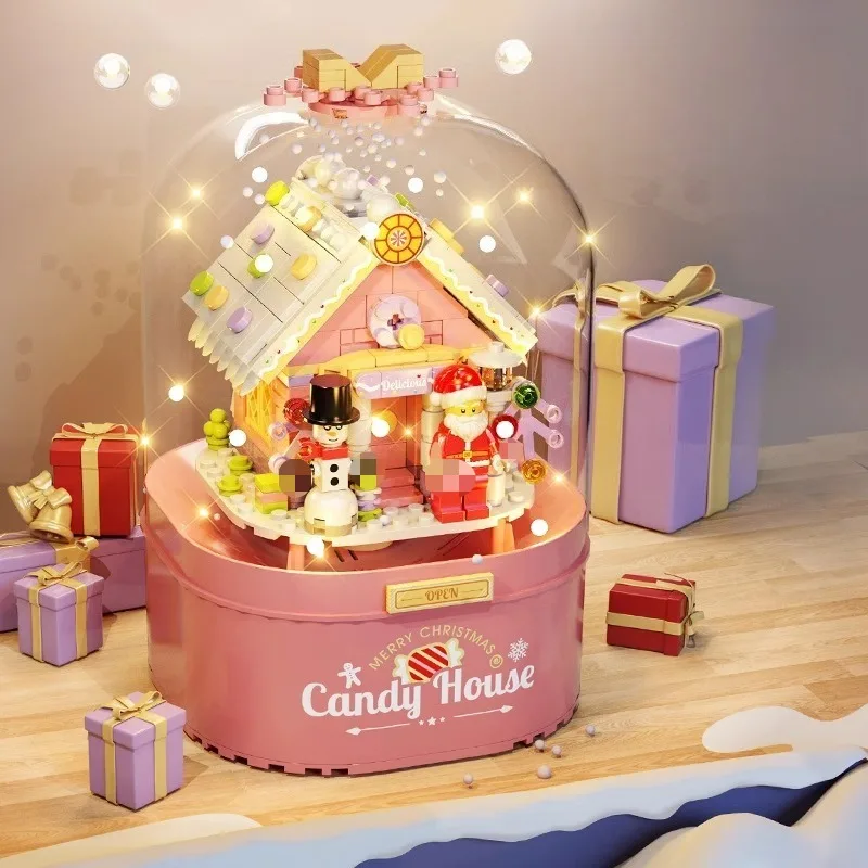 

Музыкальная шкатулка Санта-Клауса, строительные блоки, автоматический падающий снег, собранная игрушка ручной работы, настольный орнамент, модель, Рождественский подарок