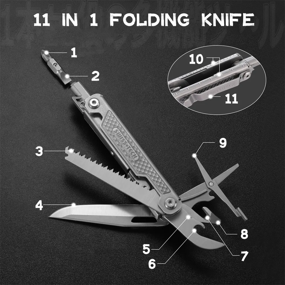 SWISS TECH 11 in 1 Folding Multi Knife, Outdoor Pocket Mini Portable Knife, Multitool Knife Portable Folding Knife,Camping