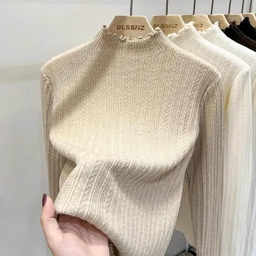 Jesienno-zimowa szykowna dolna część swetry moda damska sweter z golfem wąska z długim rękawem swetry z dzianiny miękki ciepły Pull Femme Top