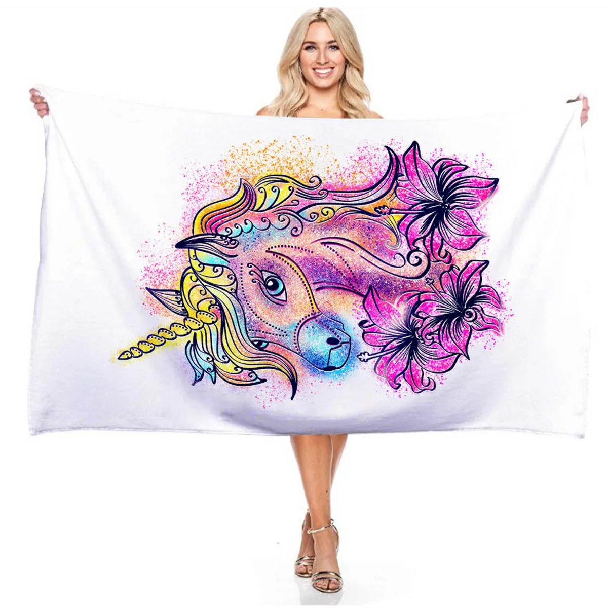 Cartoon Gradient Flower Unicorn 3D Digital Print Rectangular Beach Towel for Boys and Girls Outdoor Swimming Bibulous Bath Towel