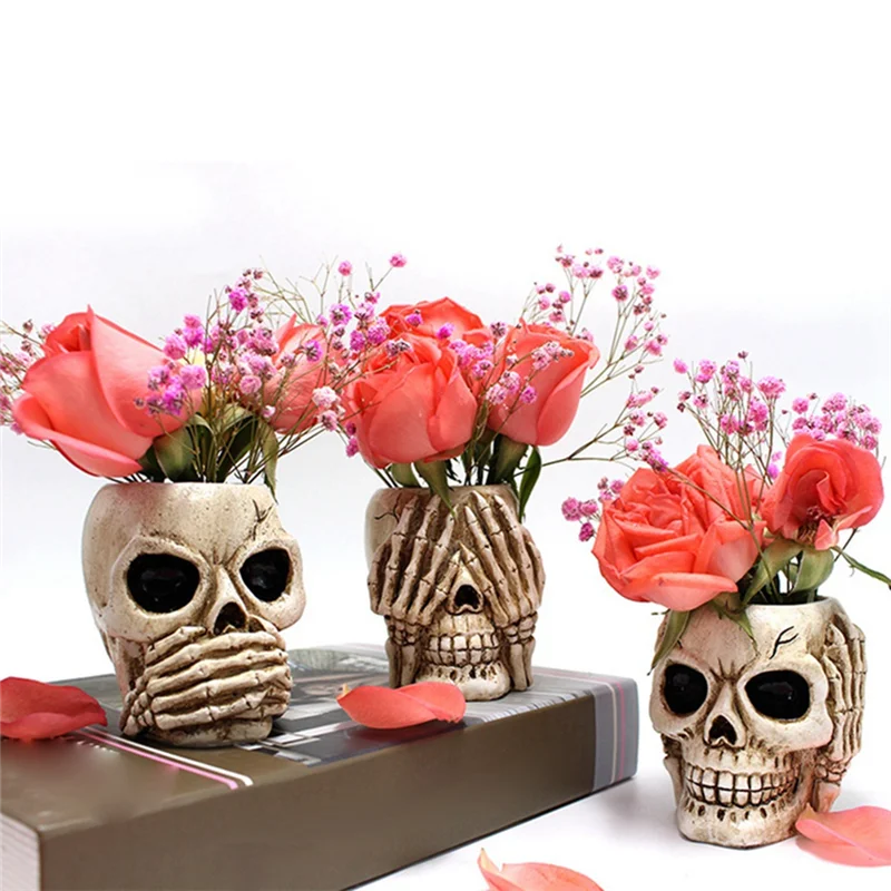 Macetas de flores de calavera gótica, contenedor de esqueleto, plantador de oficina, organizador de plantas suculentas, adorno de Halloween