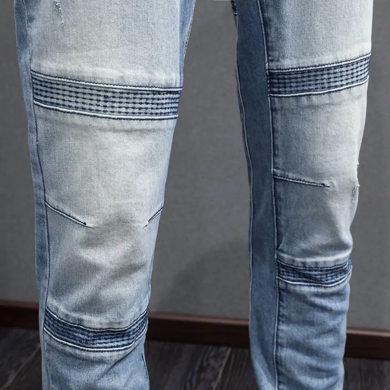 Street Fashion Men Jeans Retro Light Blue Stretch Slim Fit Spliced Biker Jeans Men Patched Designer Hip Hop Denim Pants Hombre