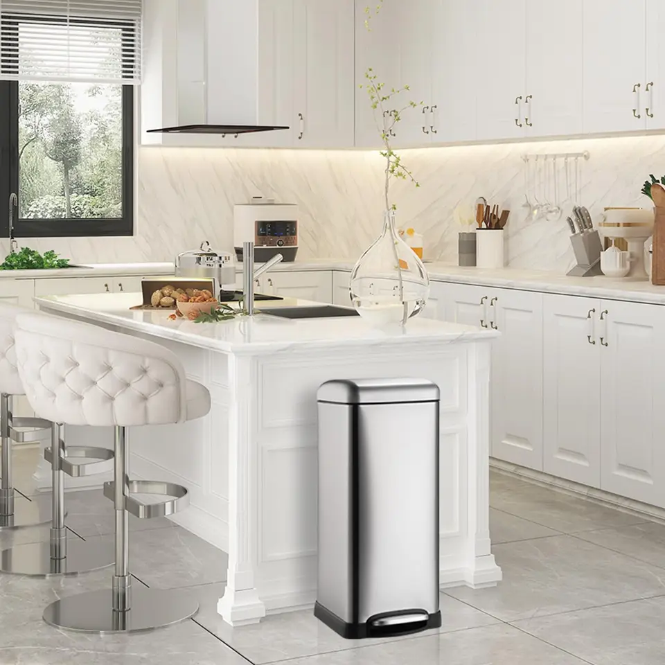 8-Gallon Step-Open Trash Can with Soft-Close Lid | with Removable Inner Bucket, Modern, Minimalistic for Home, Kitchen, Laundry Room, Office