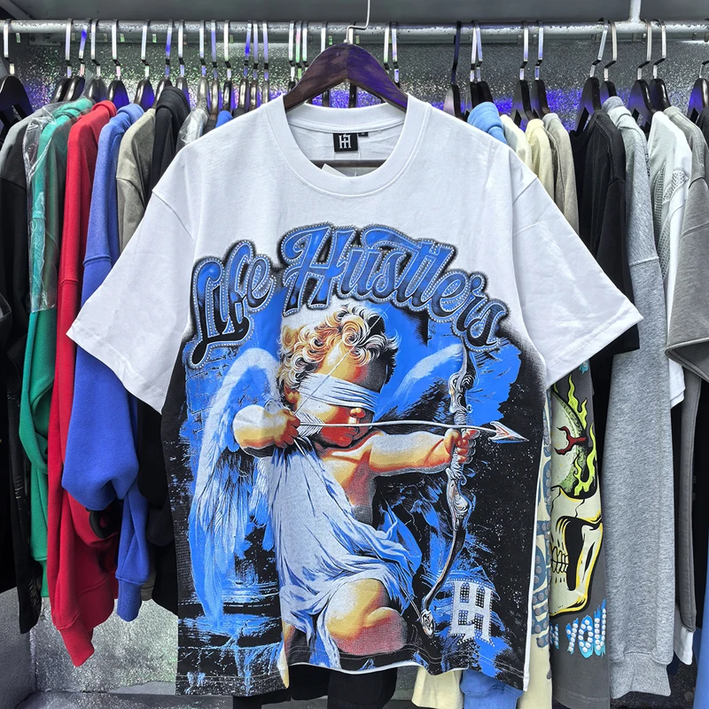 American Trend Style Summer Life Hustlers Top Tee Printed Studded Design Loose Casual Short Sleeves