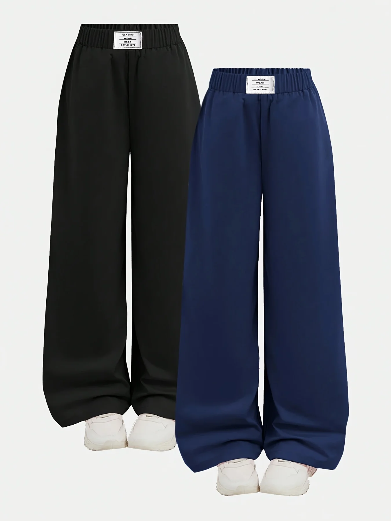 2er-Pack Mädchen-Freizeithosen mit hohem Bund und weitem Bein (Schwarz & Marineblau) – einfarbig, elastischer Bund, fließende, bodenlange Hosen – Detail 3