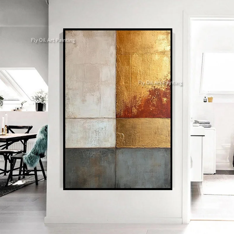 Geometric Block Abstract Hand Painted Canvas Oil Painting Gold Foil Thick Texture Modern Neutral Tone Wall Art For Home Decor