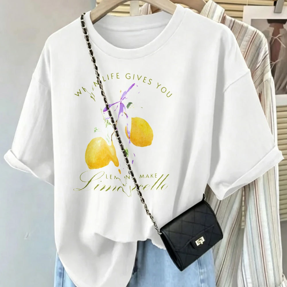 When Life Gives You Lemons Make Limoncello Graphic T Shirt Watercolor Lemon Floral Print Oversized Cotton Women T Shirt