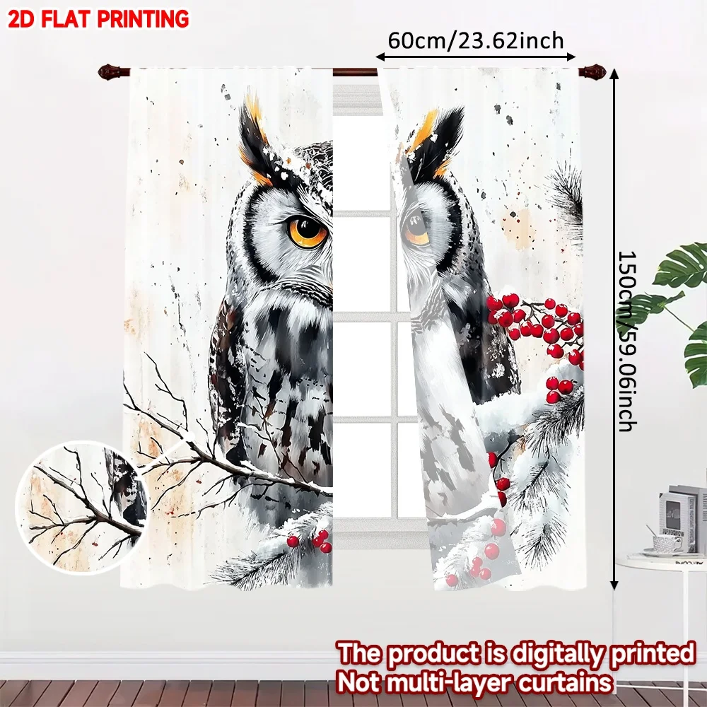 2D flat printing 2pcs Curtain Curtain Winter Owl with Red Berries Digital Printed Polyester Drapes Family Party Decoration for
