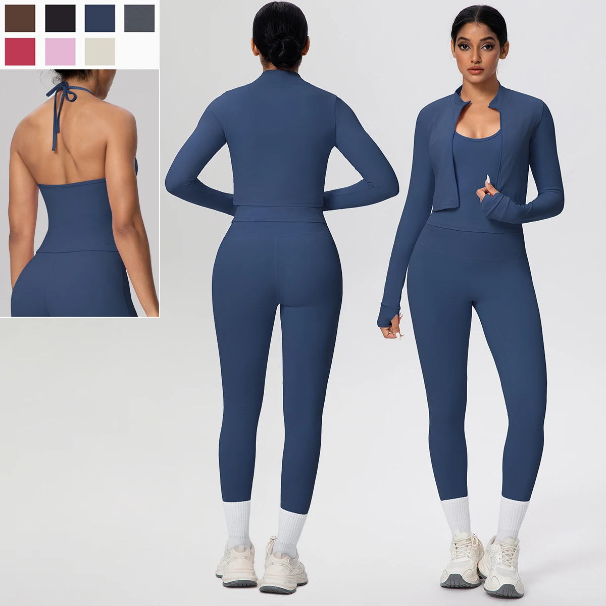 3PCS/Set Women Gym Sports Yoga Set Outdoor Running Quick Drying Solid Color Women Yoga Clothing Hanging Neck Bra Yoga Zipper Set