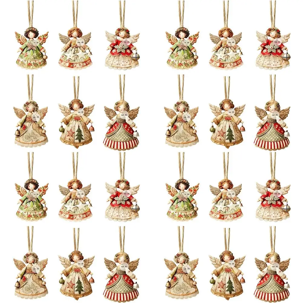 6/12/24PCS Christmas Tree Decorations 2D Angel With Bell Hanging Ornaments Wooden Angel-Shaped Pendants for Xmas Tree Home Decor
