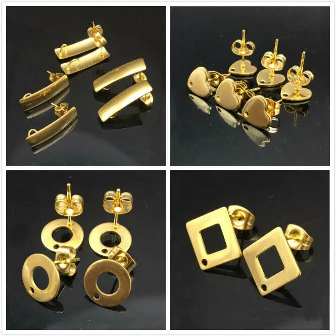 

50pcs Stainless Steel Gold Heart Square Charm Earring Post Loop Hammered Plate Earrings Base For Hypo-Allergenic Earring Making