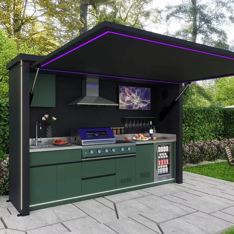 New Arrivals Waterproof Stainless Steel 304 Outdoor Kitchen BBQ Grill with Shed Remote Control & Flame Safety Device