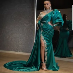 Evening Party Dress Women Elegant Beading Side Split Satin Lantern Sleeve Green Wedding Prom Gown Long Maxi Dresses 2021