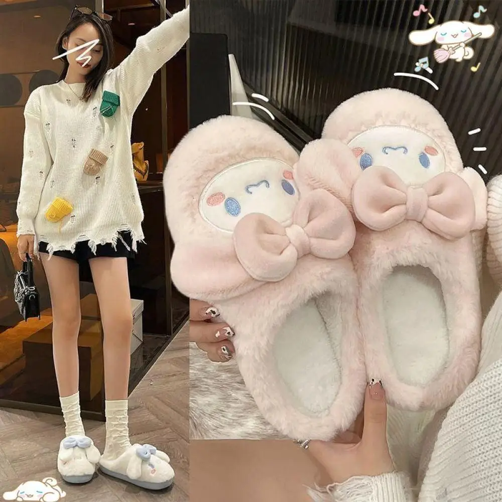 Cinnamoroll Plush Slippers Sanrioed Women Kawaii Anime Flat Cotton Shoes Pink Winter Keep Warm Soft Cute Student Girl Sweet Gift