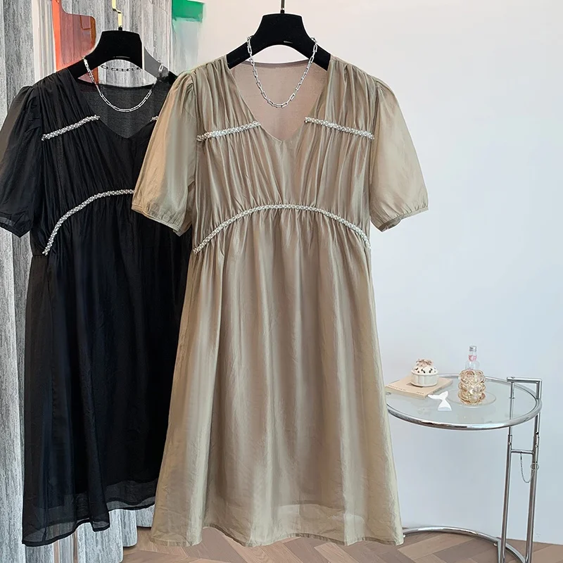 Ele v-ne dr feminino verão novo solto plus size saia evasê emagrecimento fibra de poliéster ort sve casual dr