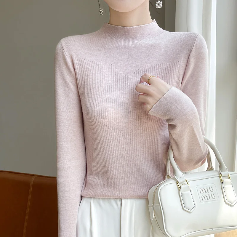 

100% Fine Wool Sweater Women Half-high Collar Hollowed Jacquard Pullover Spring Autumn Basis Casual Cashmere Knitwear Solid Tops