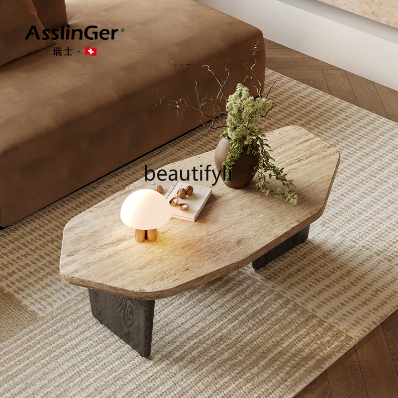 Minimalist natural travertine coffee table small apartment living room marble luxury stone small tea table