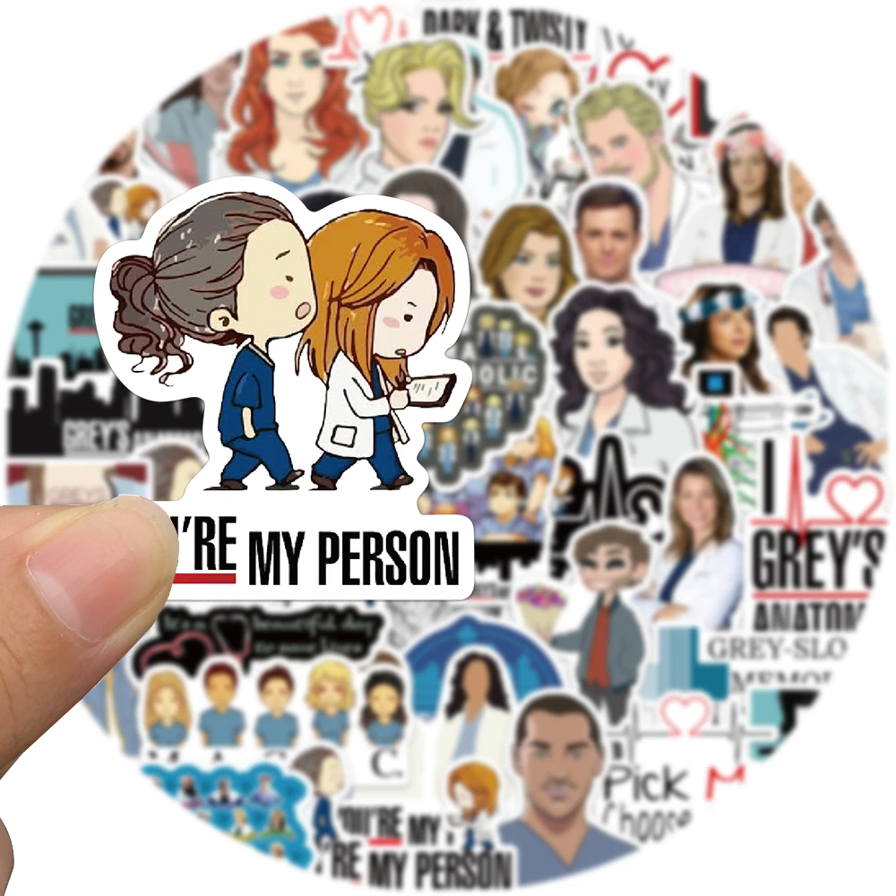 50PCS Classic TV Show Greys Anatomy Stickers Funny PVC Scrapbook For Luggage Laptop Phone Decals DIY Album Cute Doctors