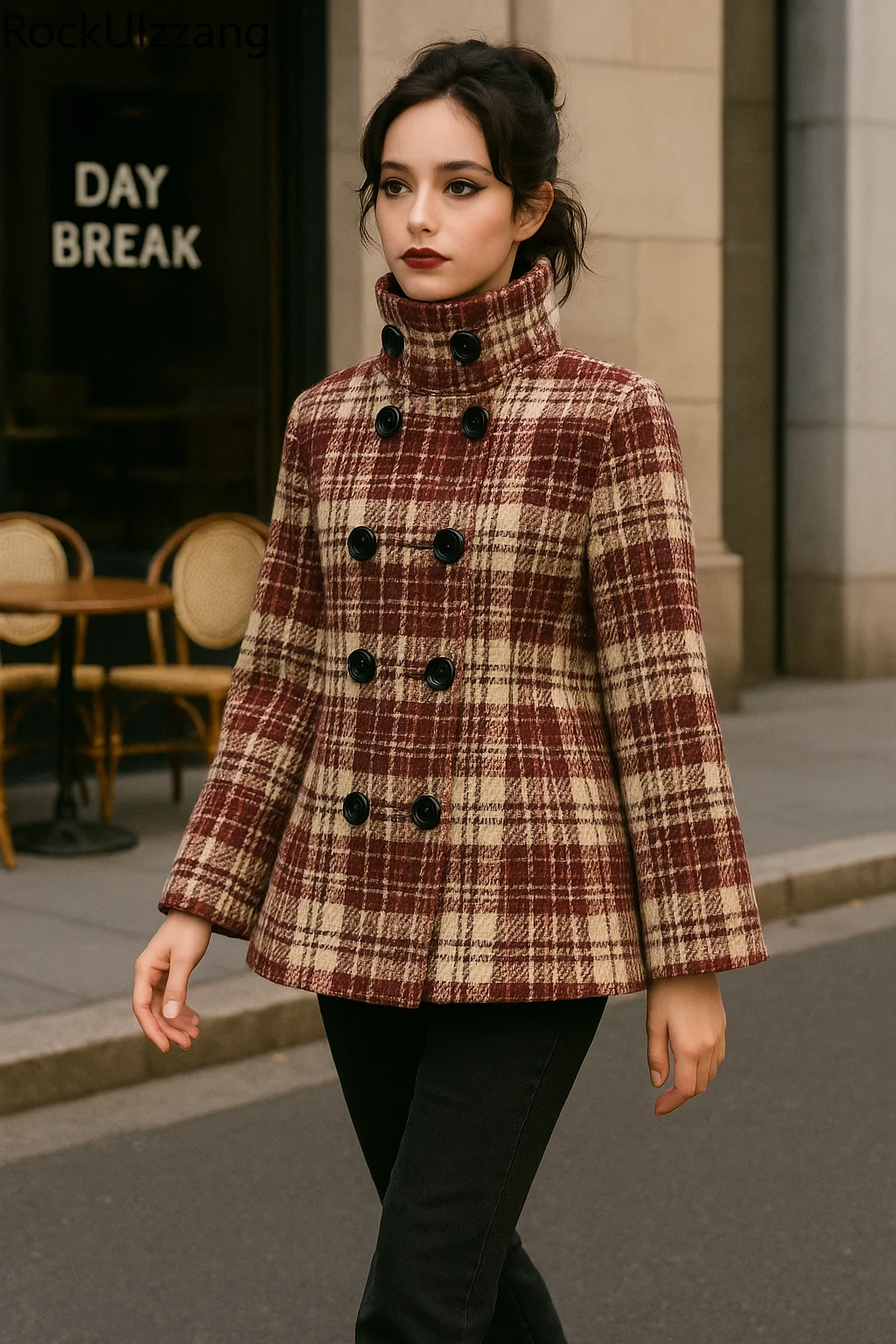 

Women Vintage Plaid Wool Coat Double Breasted High Neck Winter Jacket Korean Style Loose Outwear