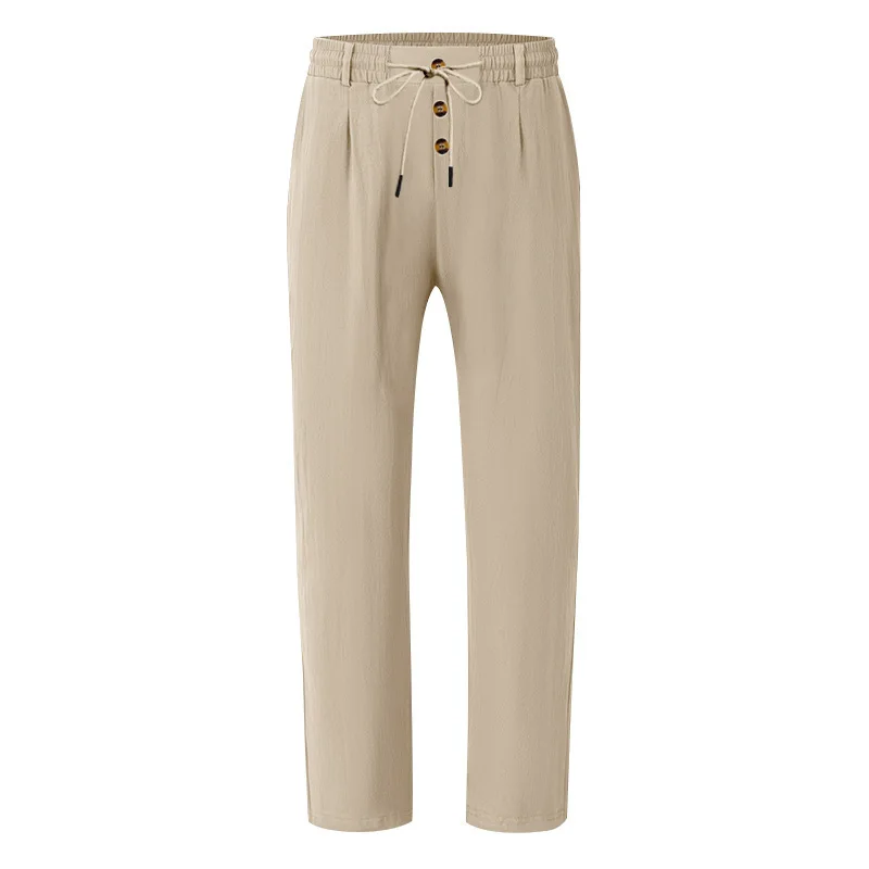 Herren Boho Leinenmischung Weite Hose mit Hoher Taille, Kordelzug, Knopfleiste, Lockerer Passform und Seitentaschen – Detail 29