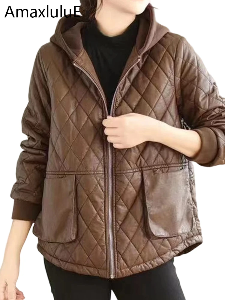 Kurtki damskie Amax luluE Brand 2024 zimowe z kapturem, ciepłe, codzienne płaszcze w stylu vintage, luźne kurtki motocyklowe ze sztucznej skóry w stylu vintage.