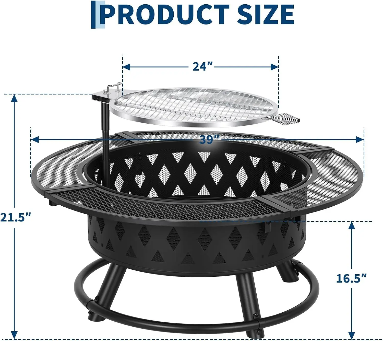 Tacleekii 39 Inch Fire Pit with Grill, Wood Burning for Outside Fireplace Round Metal Firepit Table 3 in 1 Use for Patio, Picnic, Party,BBQ, Backyard,Camping