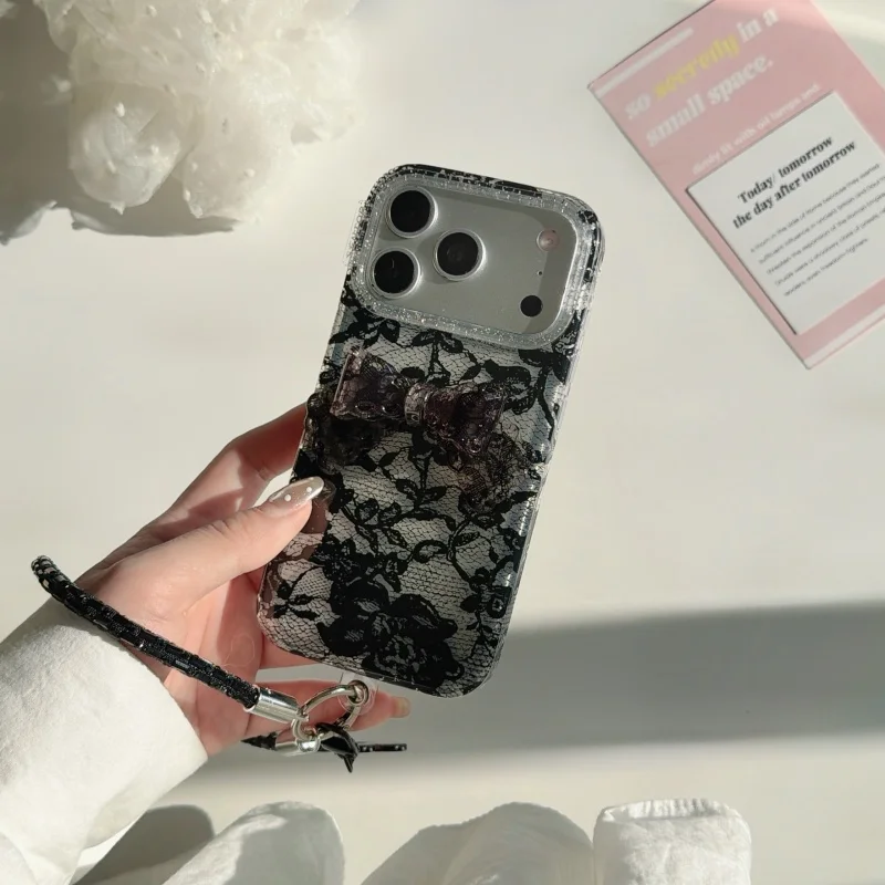 

INS Black Lace flower Sparkling Phone Case for iPhone 17 16 15 14 13 Pro Max 3D solid Bow Black Lace flower Girl Protect Cover﻿﻿