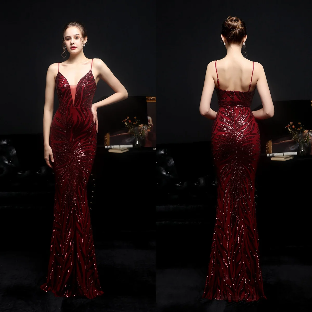 

Evening Dress Burgundy Sequins Stretchy Sgaphetti Straps Zipper Back Mermaid Trumpet Floor Length Women Party Formal Gowns YE080