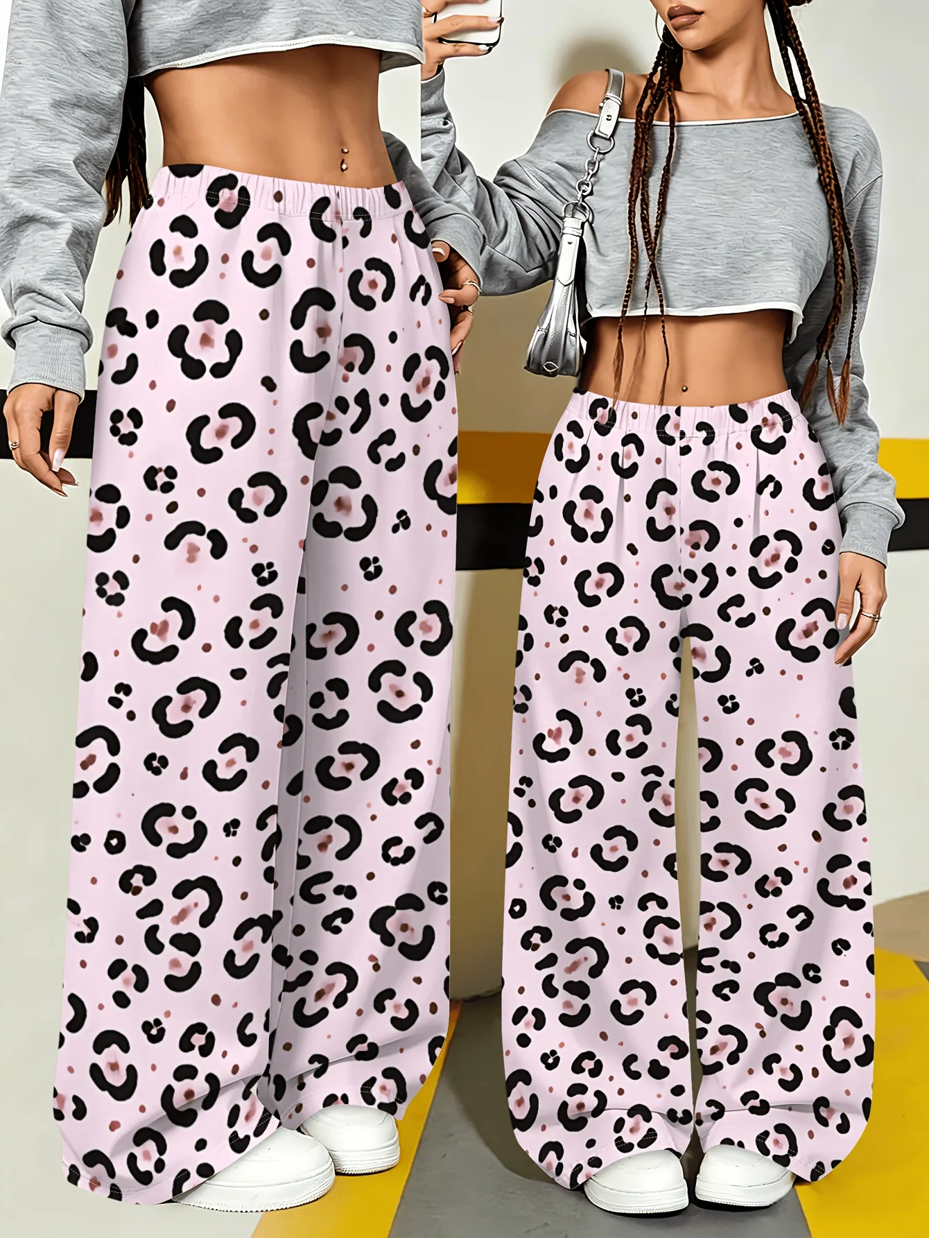 American Retro Dopamine Pink Leopard Print Casual Pants for Women Sweet and Cool Style Elastic Waist Hanging Pants