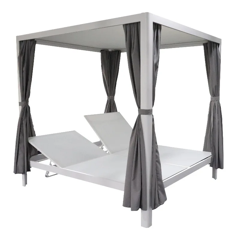 Outdoor Aluminum Patio Double Chaise Lounge Retractable Canopy Daybed Grey Cushion Beige Outdoor Curtain for Gardenpromote sales view 6