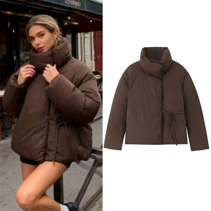 

Женская куртка 2026, весенний новый стиль, красновато-коричневая простая свободная теплая хлопковая куртка с длинными рукавами и завязками, стильная и уникальная