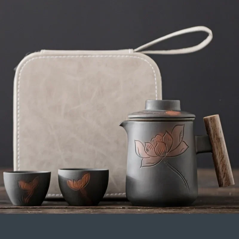 High-end Purple Pottery RetroTea Set Outdoor Travel Tea Set Portable Kungfu Tea Set Teapot Small Package Birthday Gift