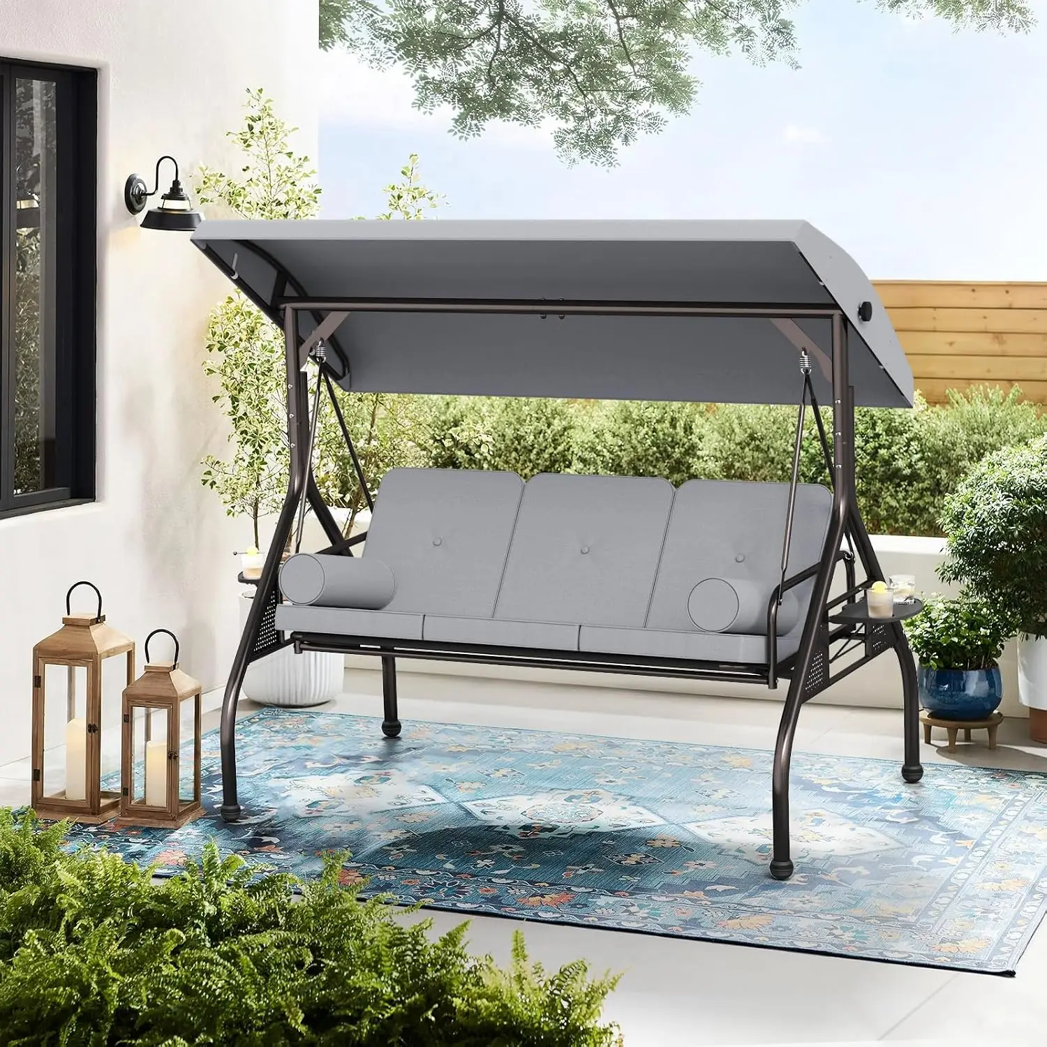 3-Seat Outdoor Porch Swing with Adjustable Canopy, Large Converting Swing Chair, Patio Swing Glider with Pillows,Customized