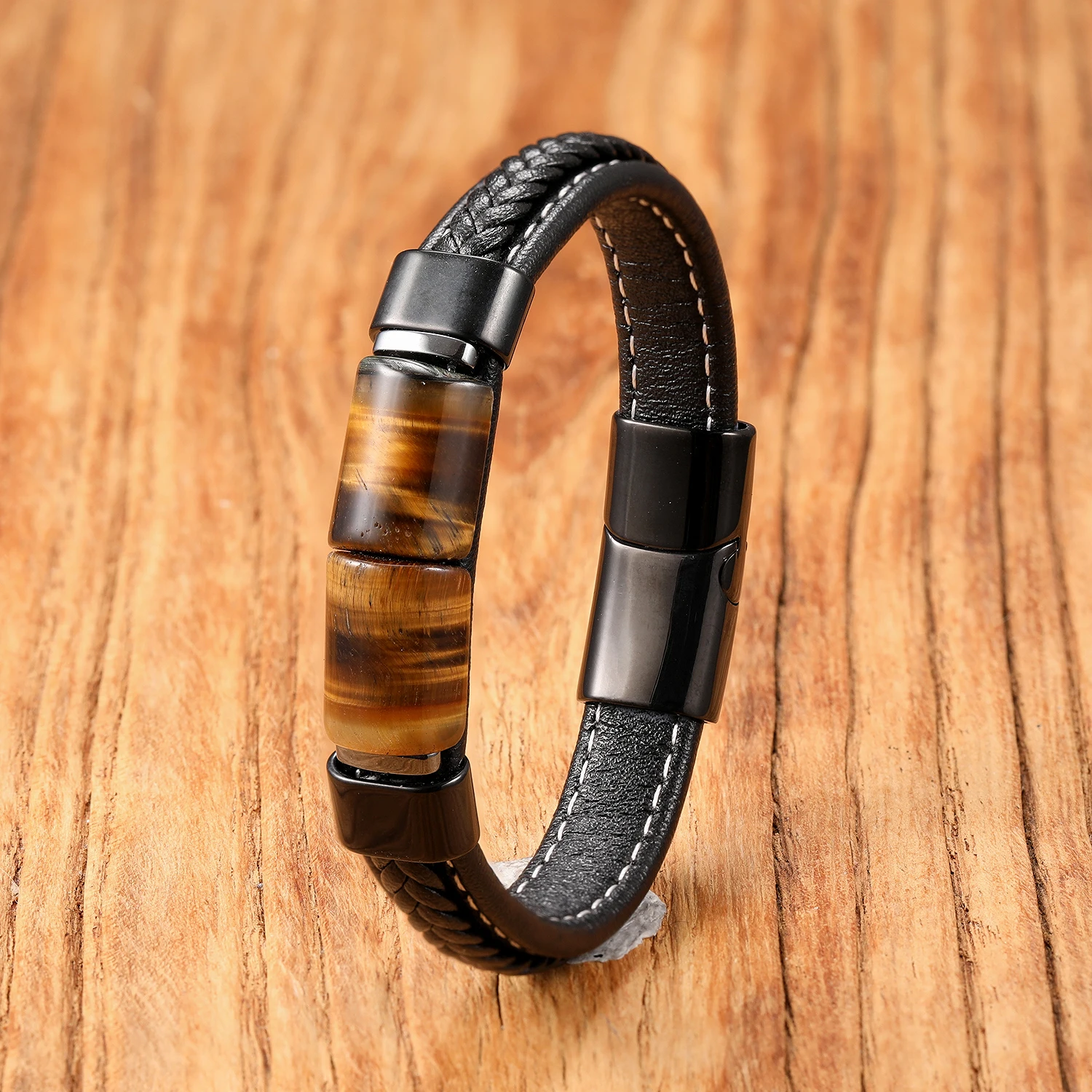 Natural Tiger Eye Stone Bracelet for Men High Quality Stainless Steel Leather Cord Energy Stone Pulseras Hombre Gift for Him