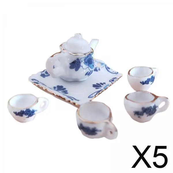 

Dollhouse Miniature Blue and White Porcelain Tea Set Ceramic Cup Teapot Tray Simulation Accessory for 1 12 Scale Parlor