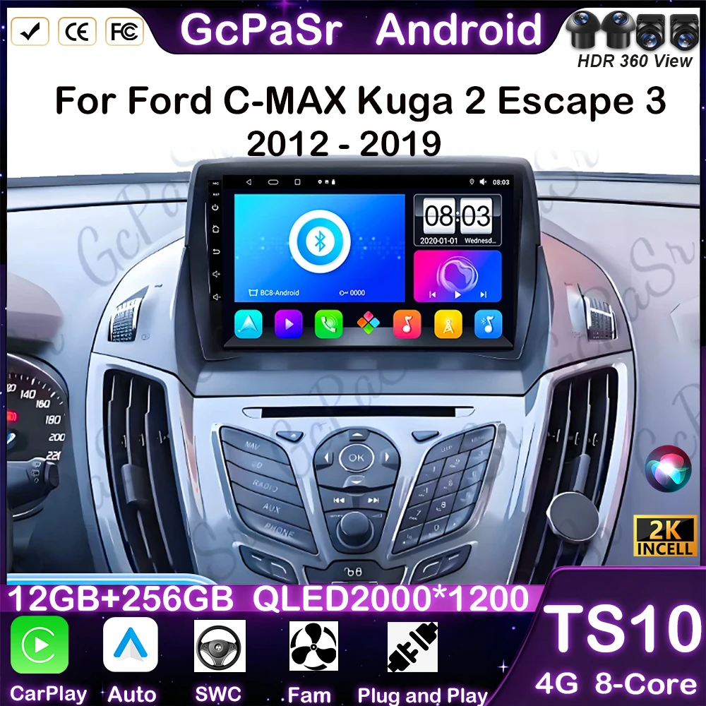 For Ford C-MAX Kuga 2 Escape 3 2012 - 2019 Android 15 Car Radio Multimedia Video Player Navigation Carplay Auto BT 2DIN DVD 5G