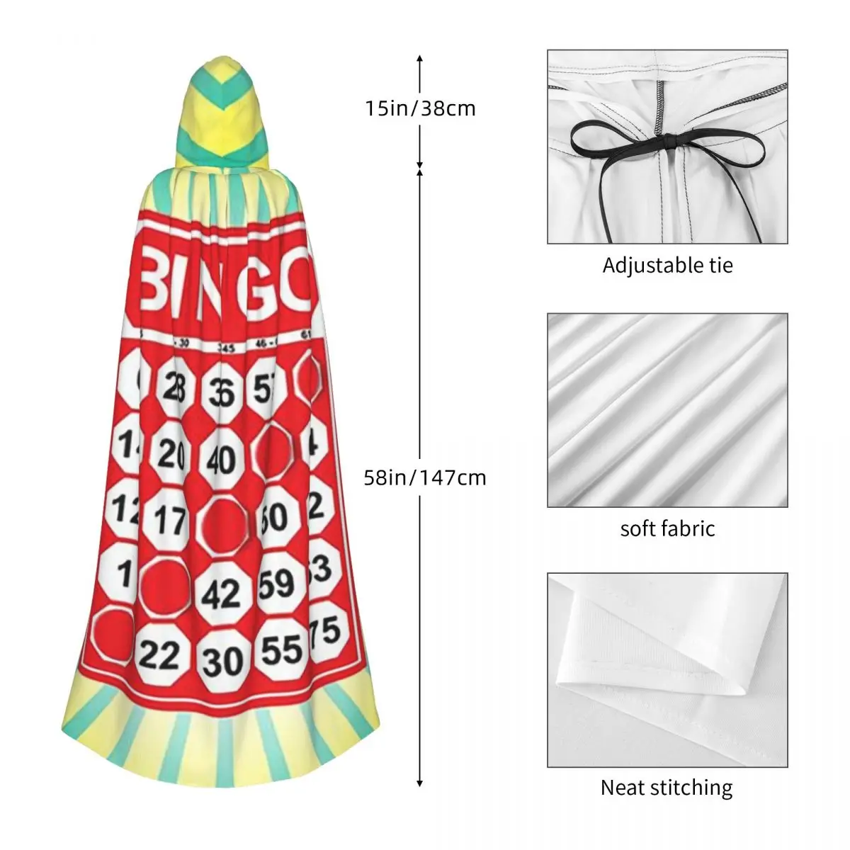 Bingo Card And Ball Long Hooded Cloak Witch Medieval Costume Cosplay Cape HalloweenCoat Adult Unisex