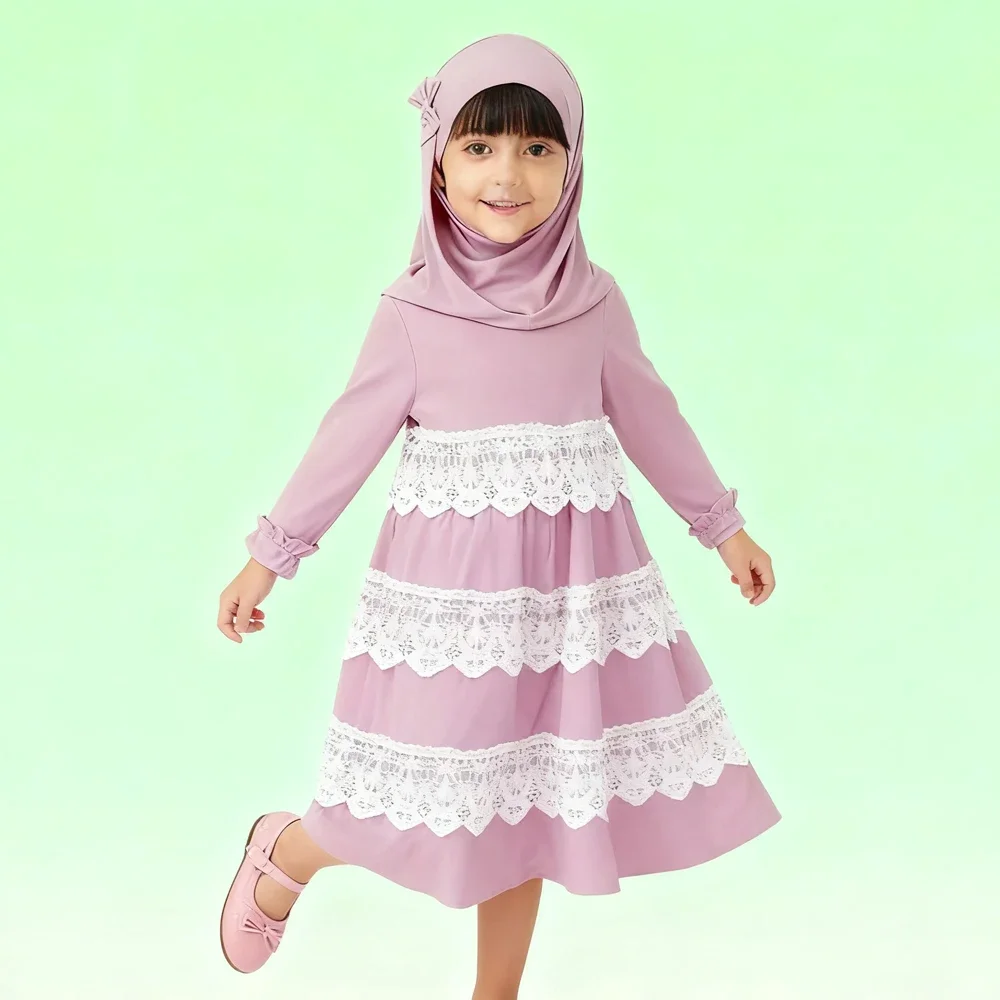 Muslim Kids Girls Prayer Dress Hijab Set Abaya Arab Long Robe with Headscarf Islamic Khimar Gowns Kaftan Gown Clothing 2 Piece