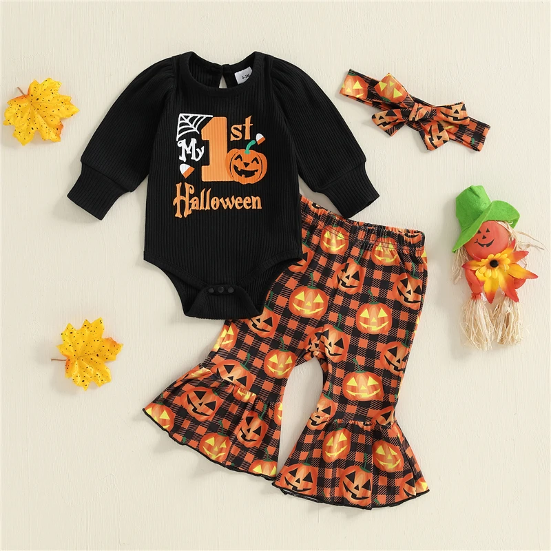3Pcs Newborn Baby Girl Halloween Outfits Long Sleeve Romper + Pumpkin Bell Bottoms + Headband Set Holiday Clothes