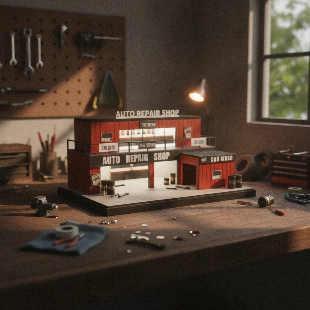 Auto Repair Shop Layout - โมเดลร้านซ่อมรถยนต์ขนาด 1/64 พร้อมรายละเอียดการพิมพ์ โมเดลโรงซ่อมรถยนต์ ไดโอรามา โมเดลโรงล้างรถ