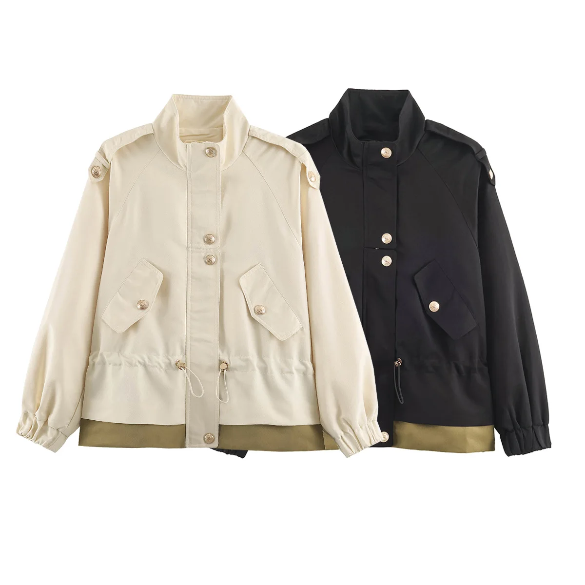 Fashion Women Stand Collar Drawstring Spliced Hem Short Windbreaker Long‑Sleeve Outer Jacket