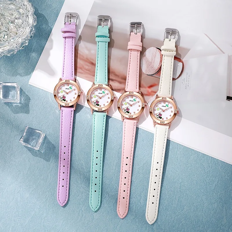Disney Mickey Mouse Stitch Fashion Cartoon Children's Watch Leather Strap For Boys Girls Quartz Women Watch Christmas Gift