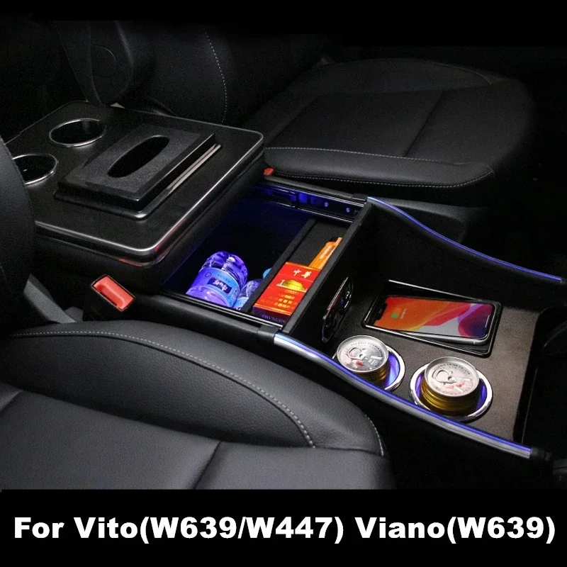 For Mercedes-Benz Viano Vito W447 2016-2023 Center Armrest Box Storage With Side LED Atmosphere Light Wireless Charging