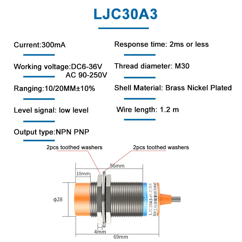 LJC30A3 DC 6-36V M12 Three-wire NPN PNP NO NC 10/20mm Sensing Distance Capacitive Proximity Switch Sensor